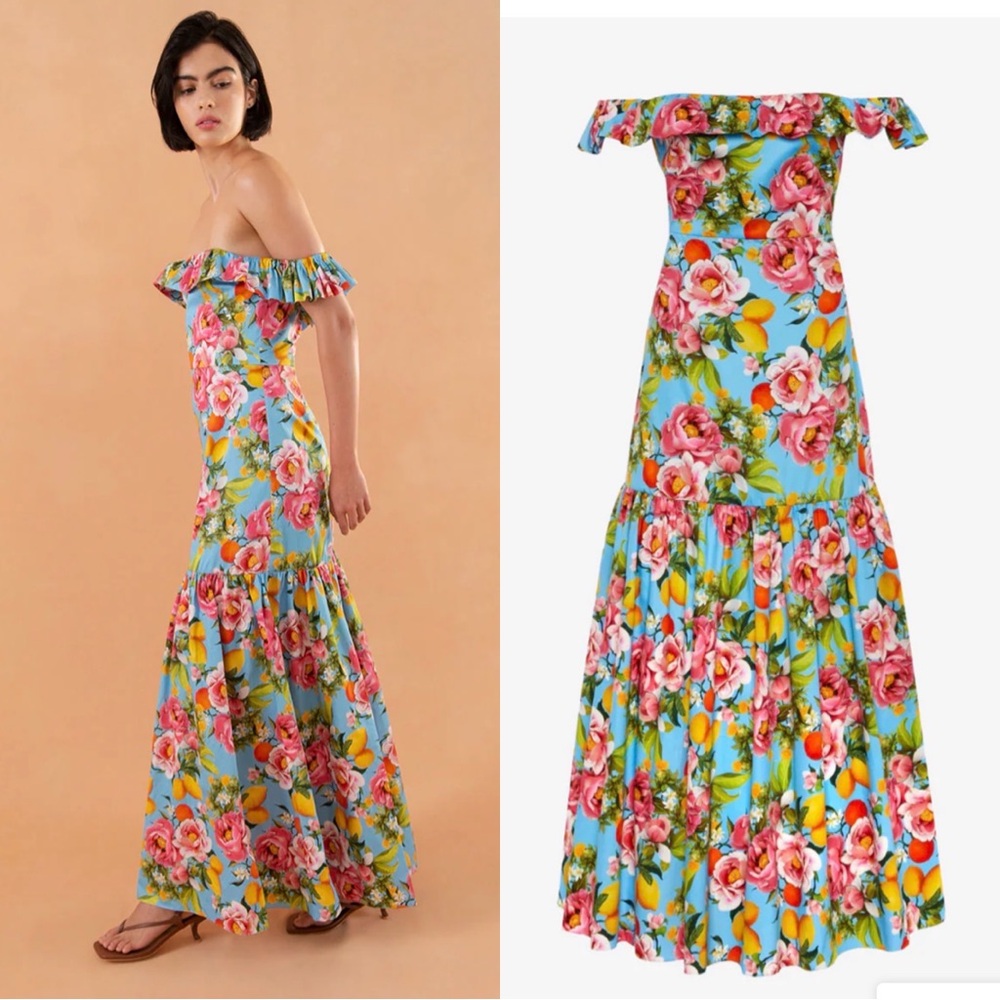 Borgo De Nor Blue Floral Off-Shoulder Maxi Dress with Pink Roses